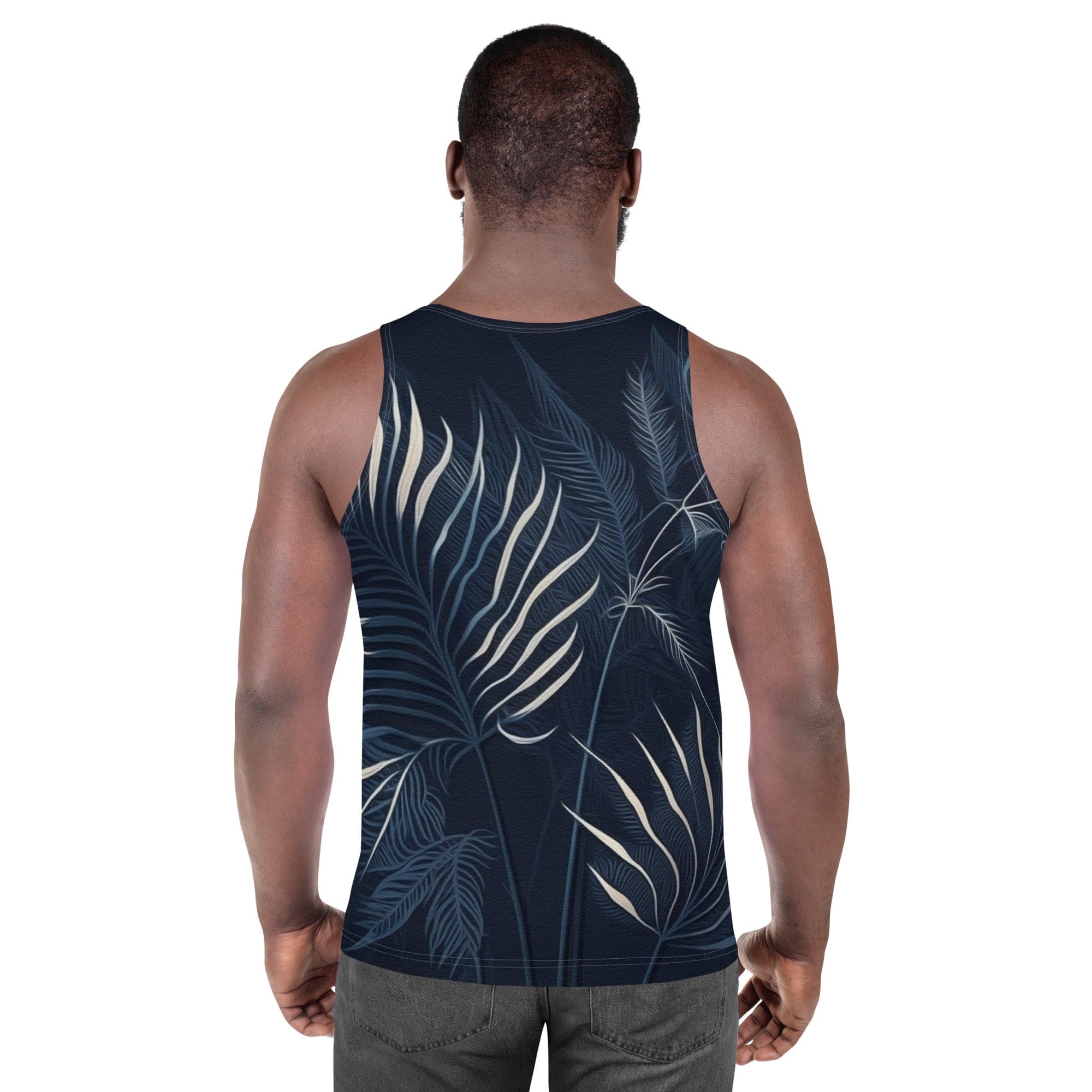 Mens Stretch Fit Tank Top - Blue White Palm Leaves-3