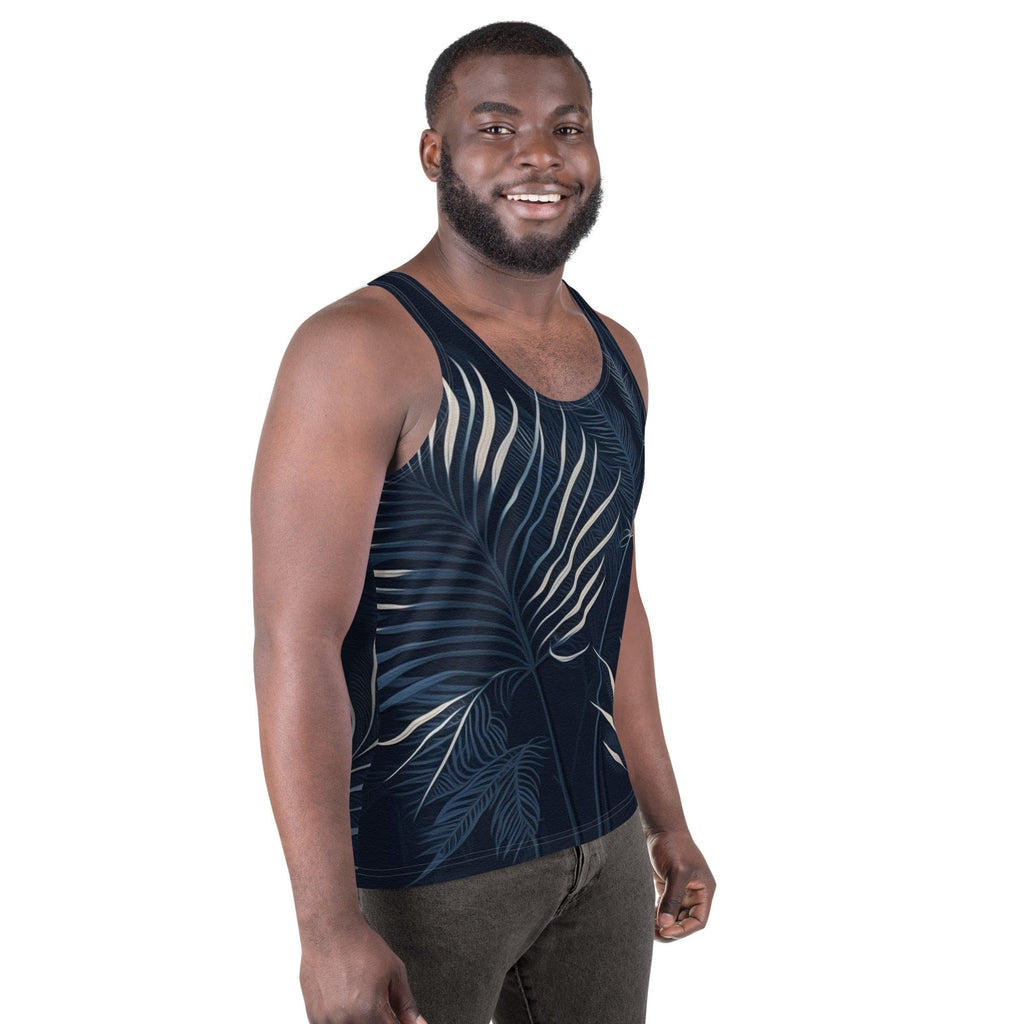 Mens Stretch Fit Tank Top - Blue White Palm Leaves-2