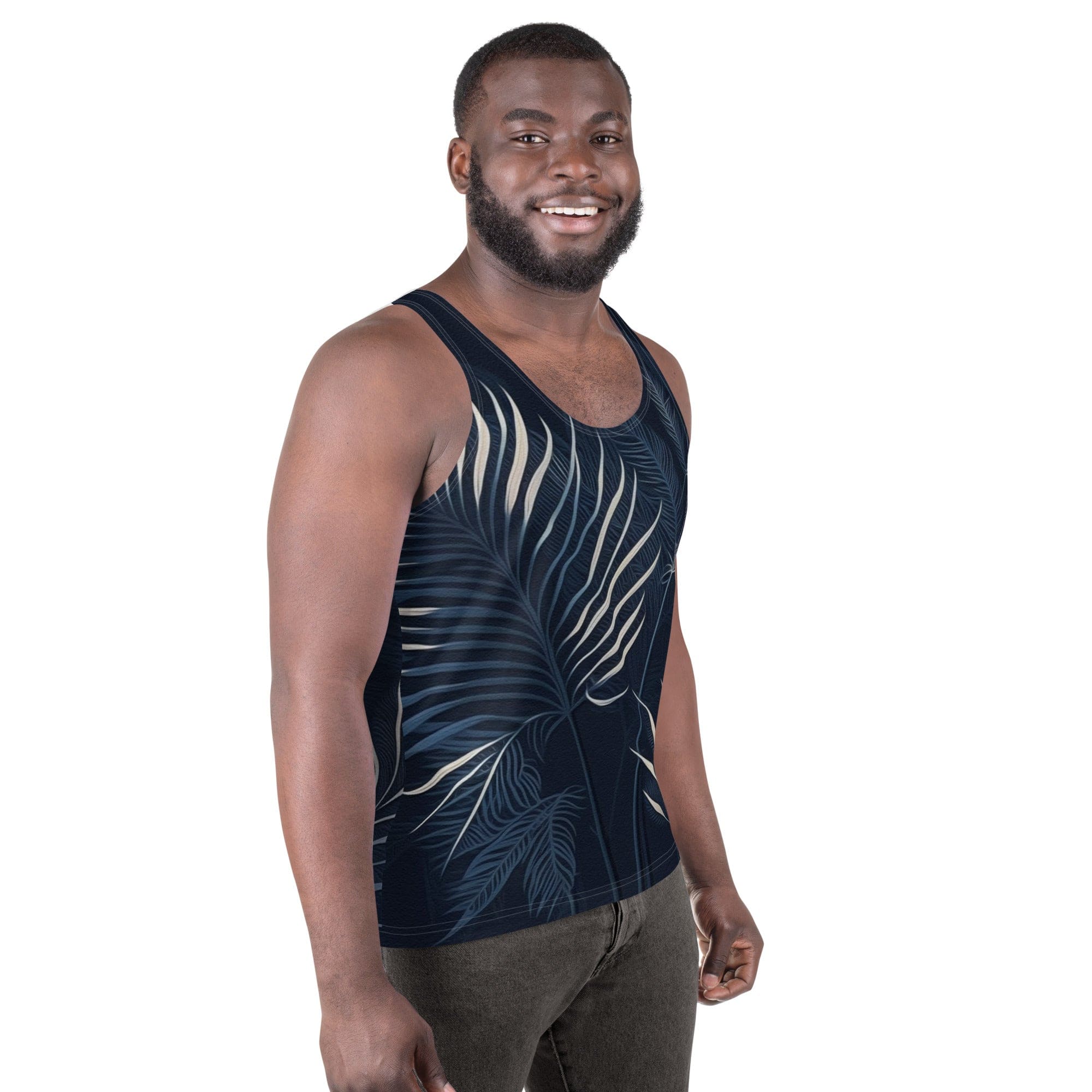 Mens Stretch Fit Tank Top - Blue White Palm Leaves-2