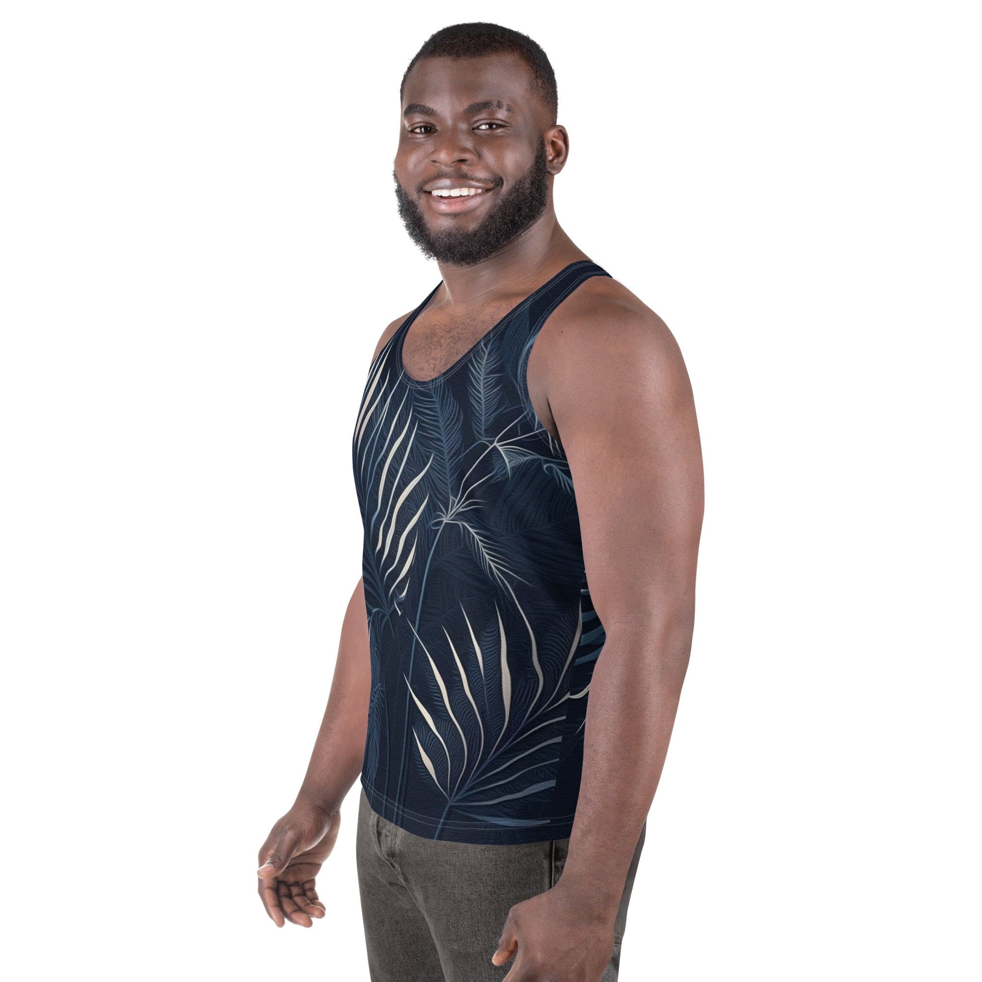 Mens Stretch Fit Tank Top - Blue White Palm Leaves-1