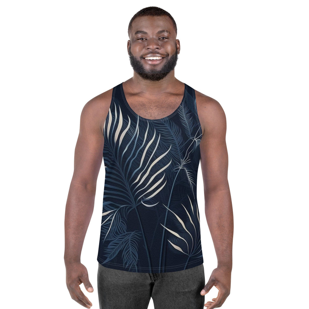 Mens Stretch Fit Tank Top - Blue White Palm Leaves-0