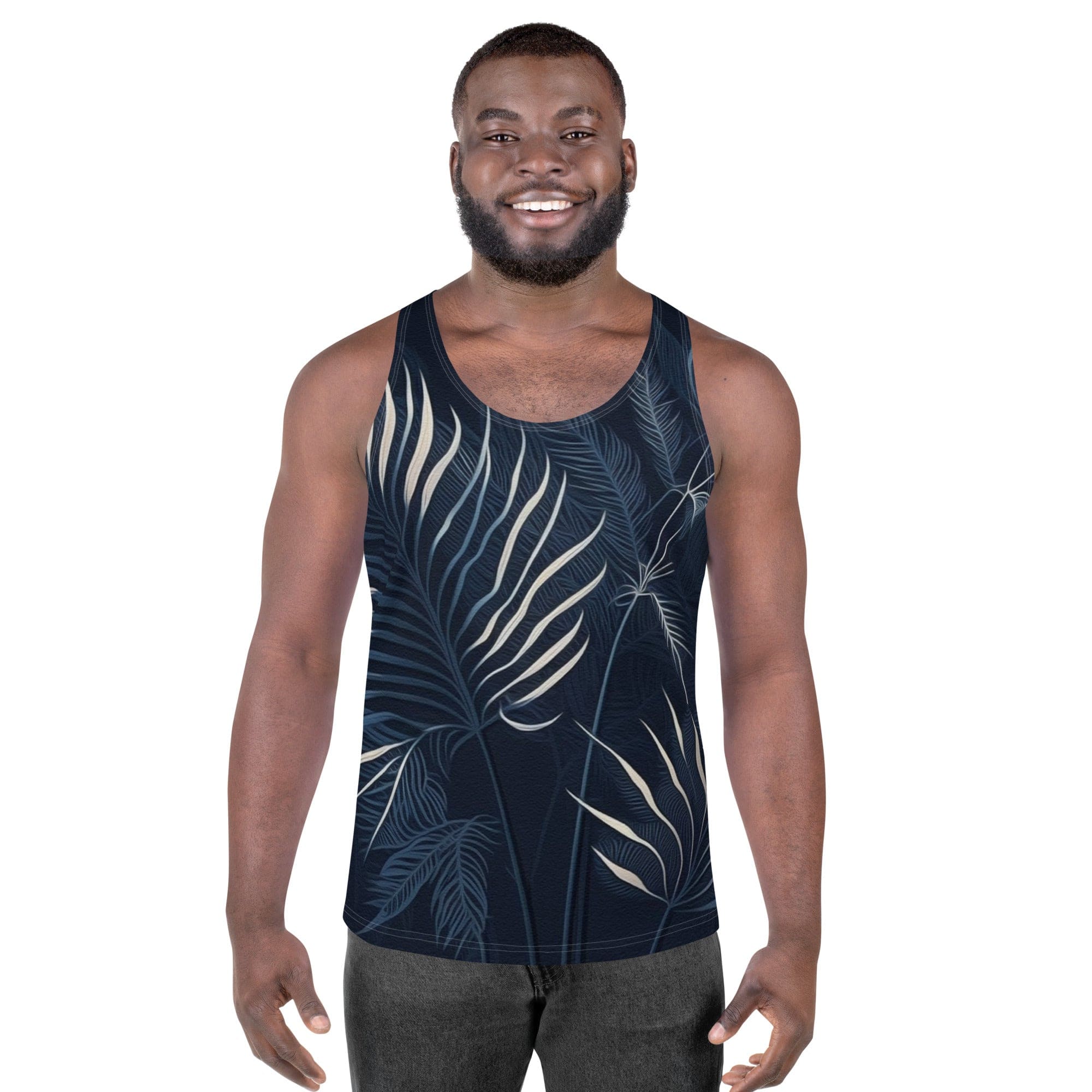 Mens Stretch Fit Tank Top - Blue White Palm Leaves-0