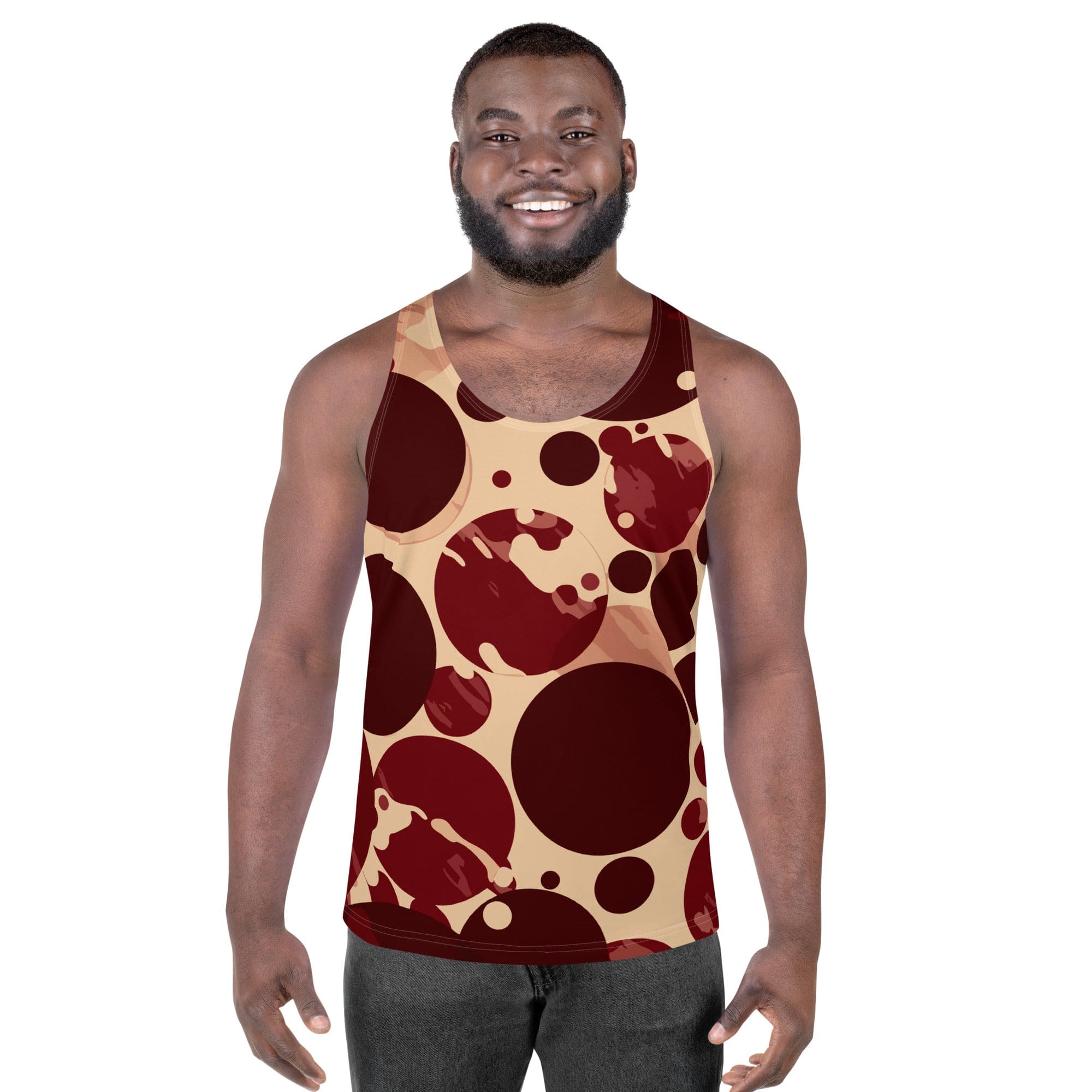Mens Stretch Fit Tank Top - Burgundy Beige Circular Print-0