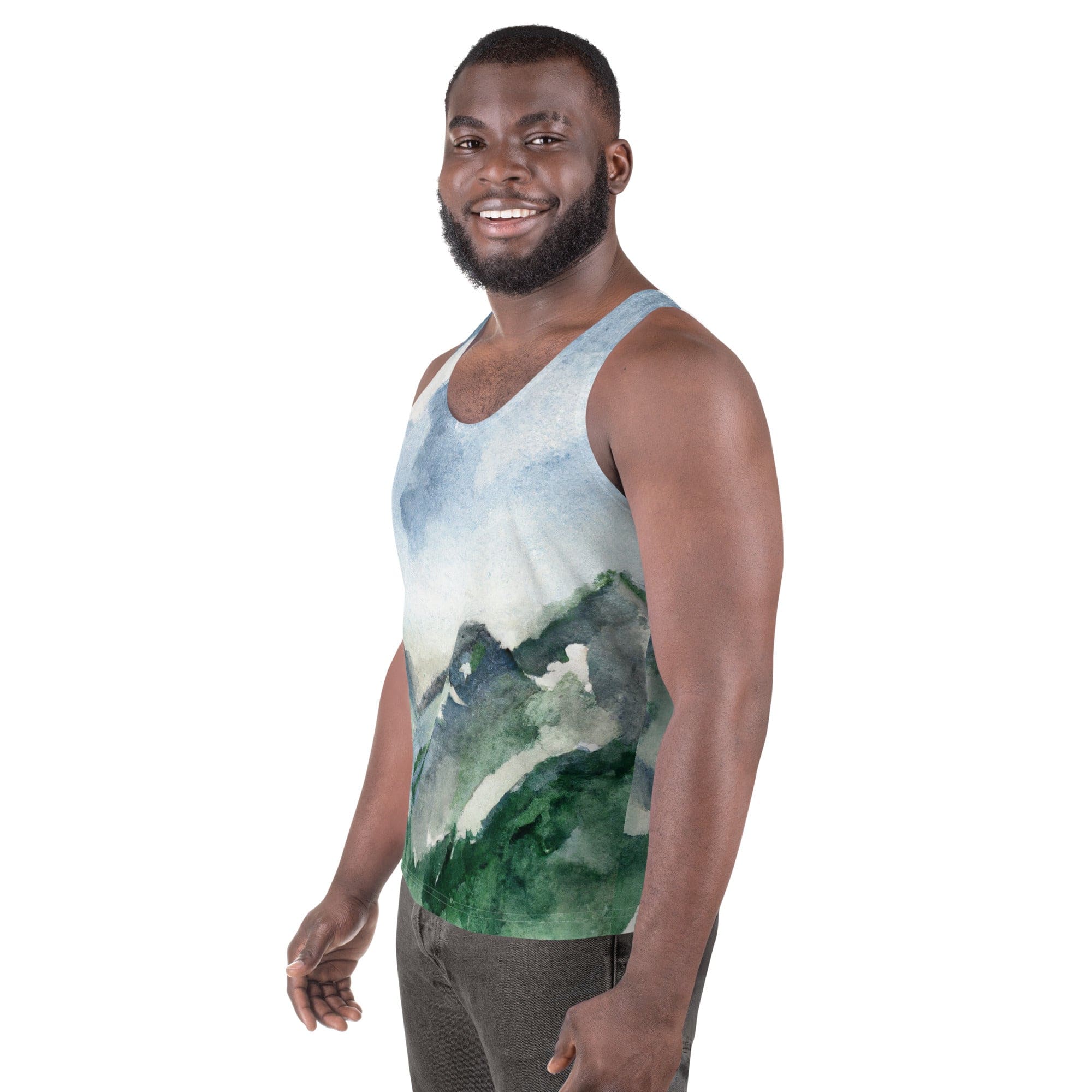 Mens Stretch Fit Tank Top - Green Mountainside Nature Landscape Blue-1