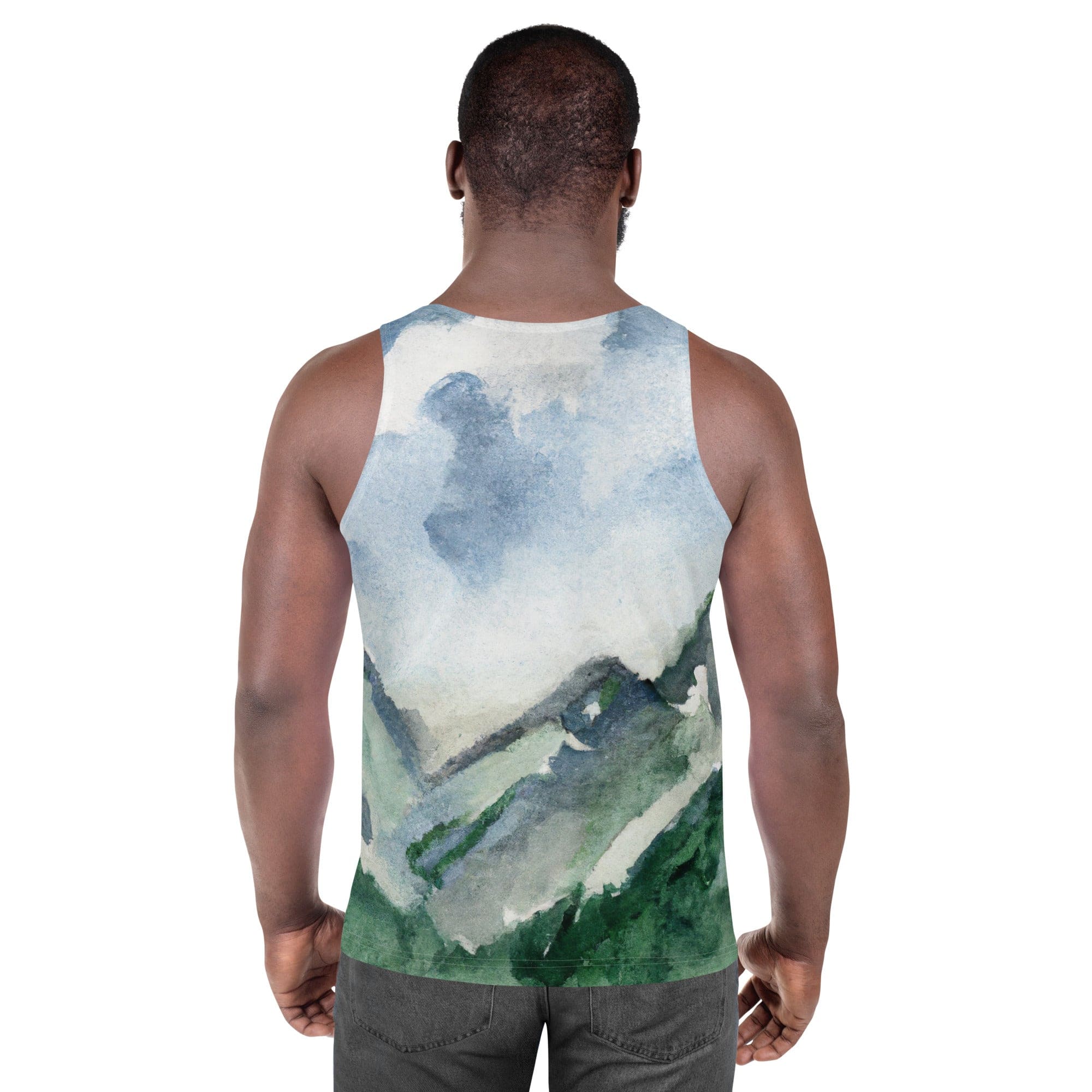 Mens Stretch Fit Tank Top - Green Mountainside Nature Landscape Blue-3