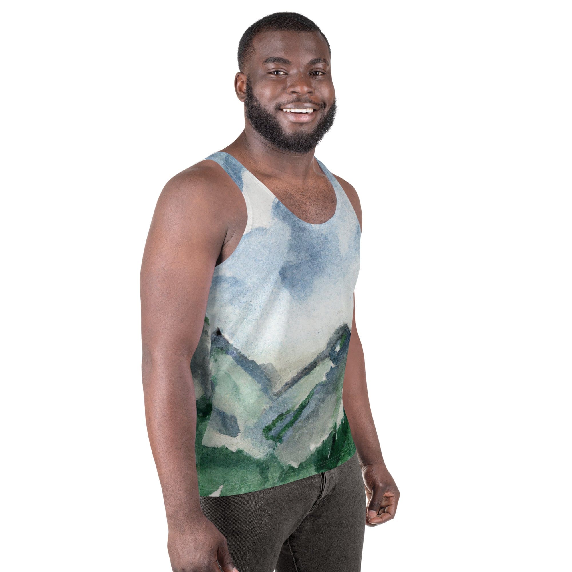 Mens Stretch Fit Tank Top - Green Mountainside Nature Landscape Blue-2