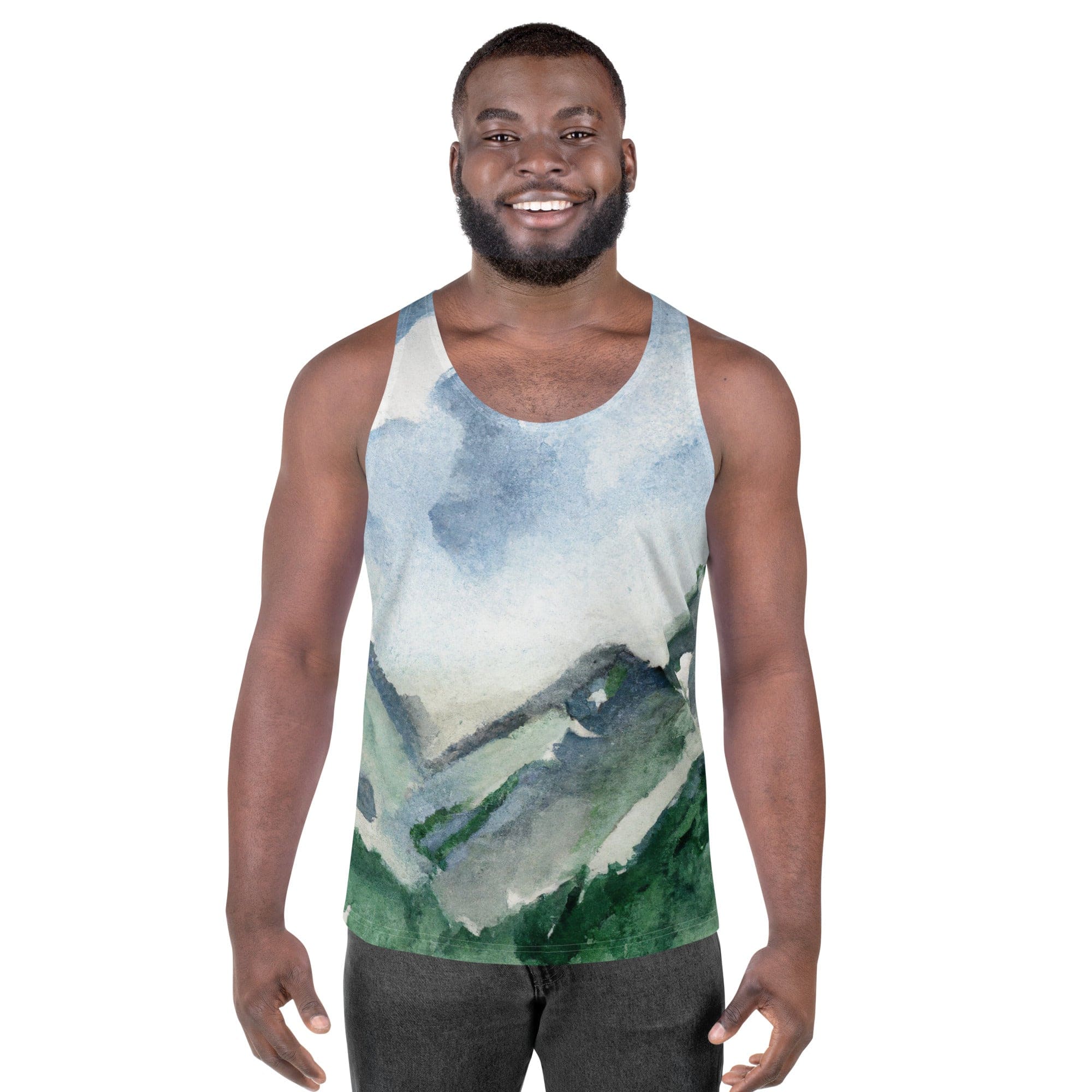 Mens Stretch Fit Tank Top - Green Mountainside Nature Landscape Blue-0