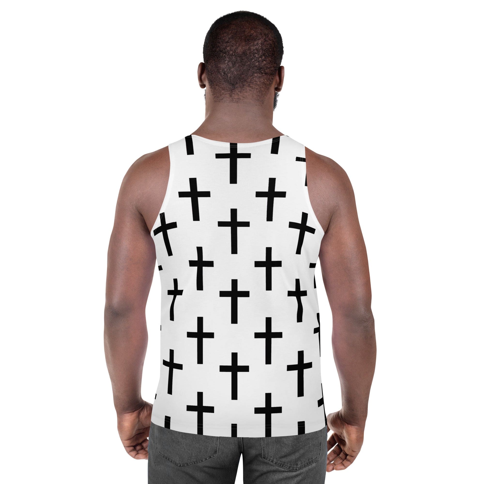 Mens Stretch Fit Tank Top - White Black Cross Print-3