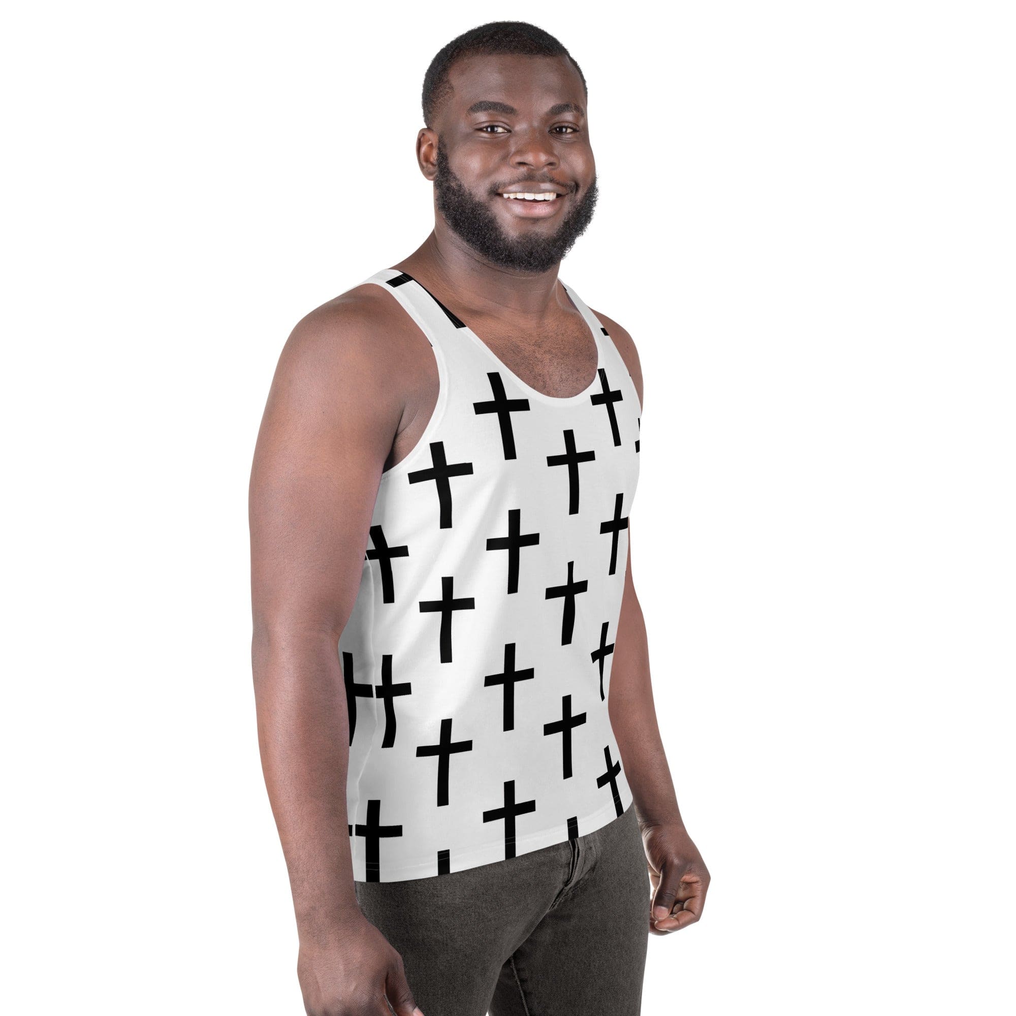 Mens Stretch Fit Tank Top - White Black Cross Print-2