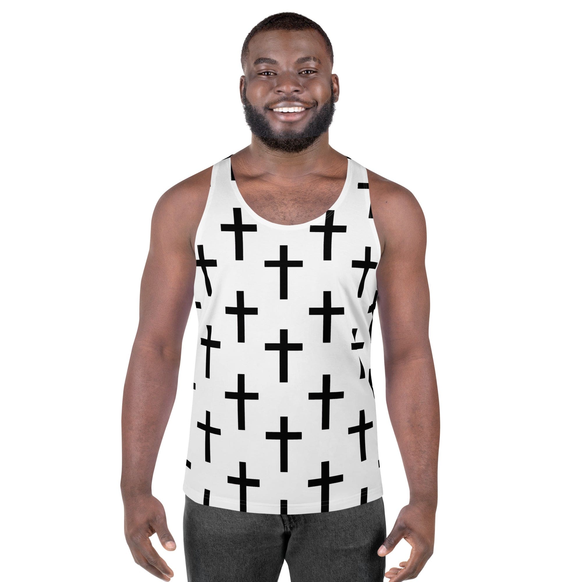 Mens Stretch Fit Tank Top - White Black Cross Print-0