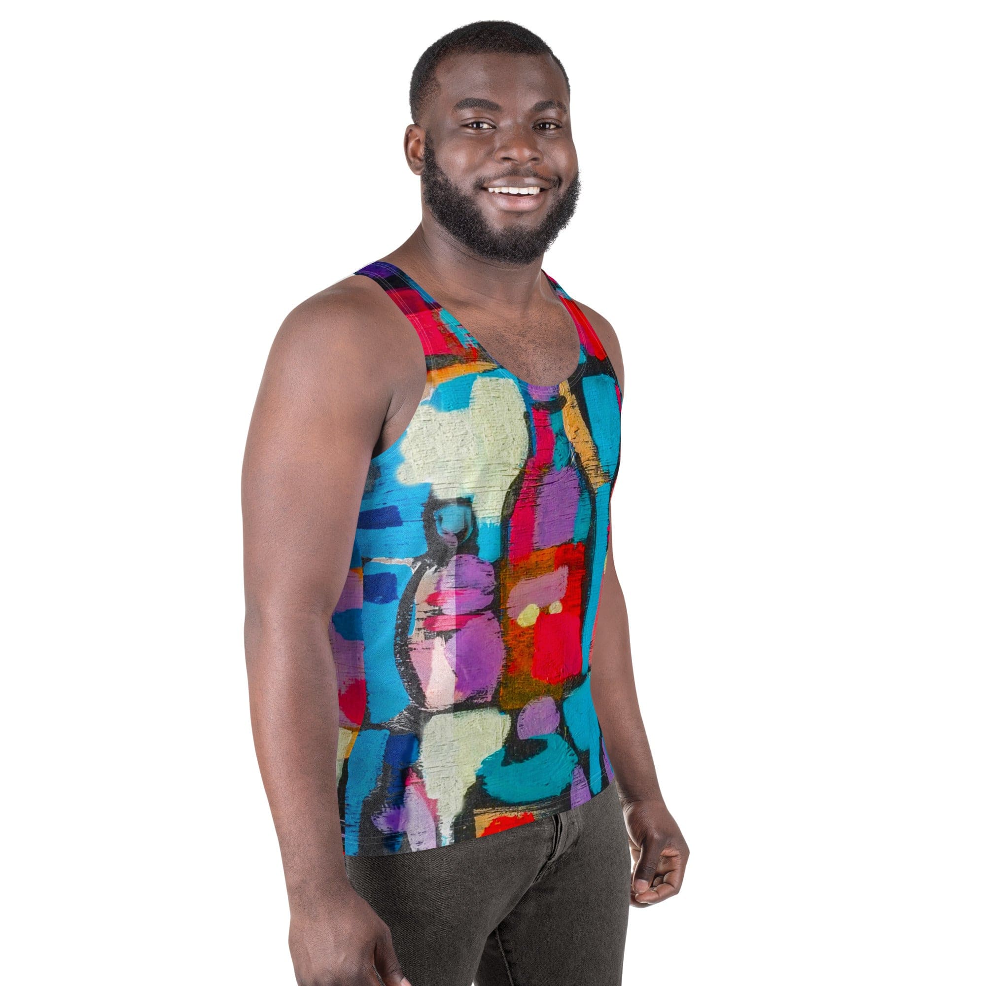 Mens Stretch Fit Tank Top - Sutileza Red Multicolor Abstract Print-2