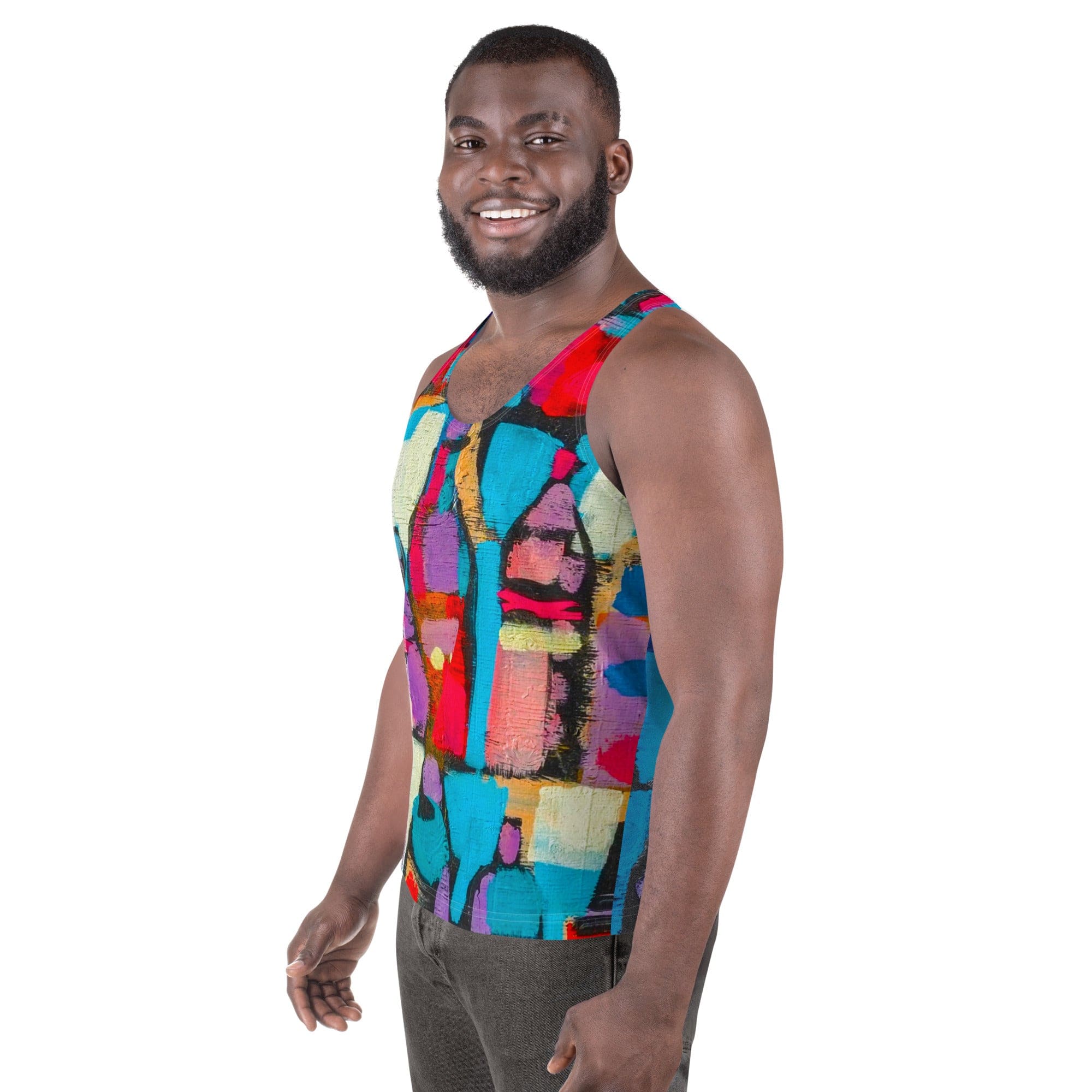 Mens Stretch Fit Tank Top - Sutileza Red Multicolor Abstract Print-1