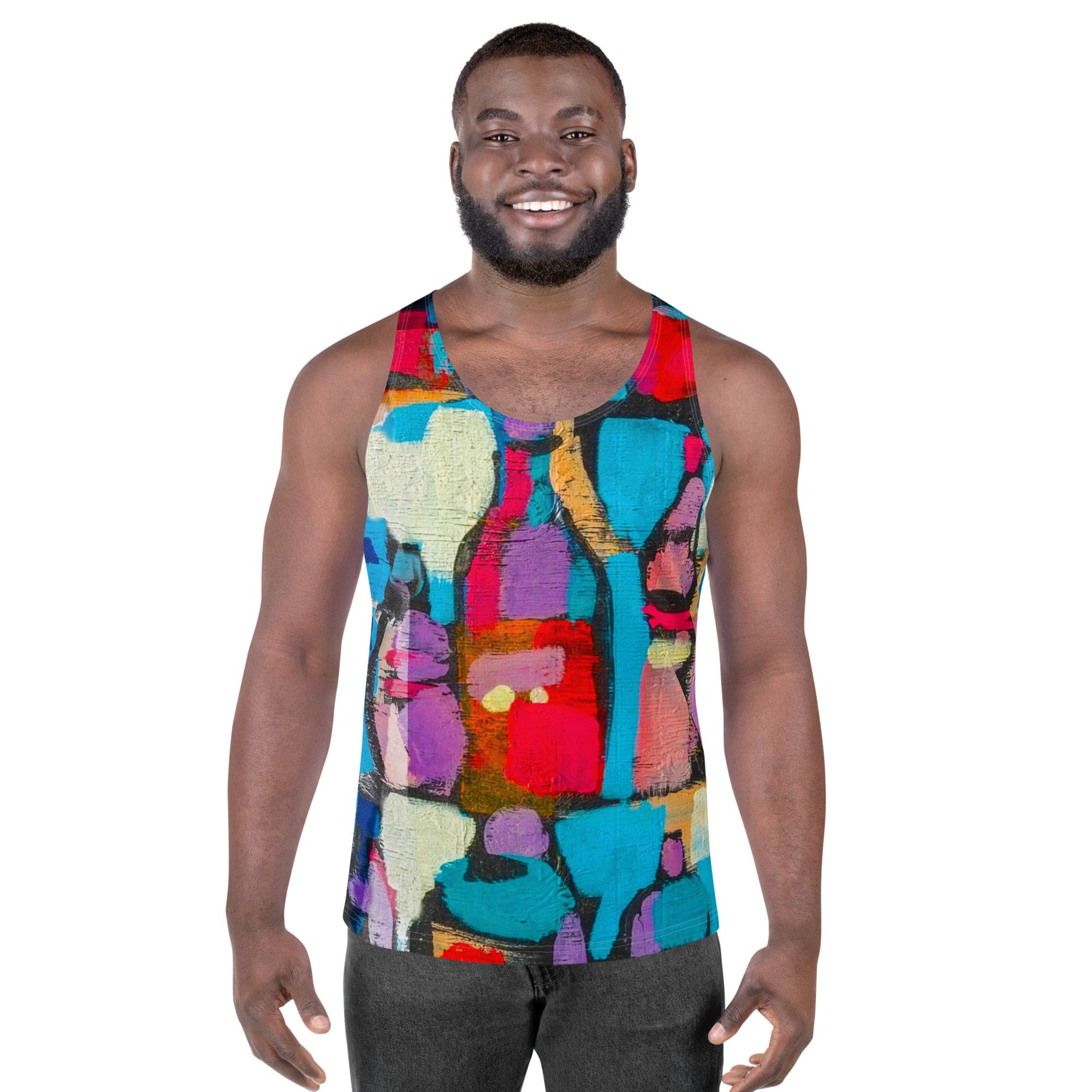 Mens Stretch Fit Tank Top - Sutileza Red Multicolor Abstract Print-0